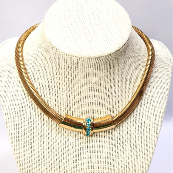 Vintage Coro Gold Chocker with Blue Rhinestone Accents - Picture 1 of 13